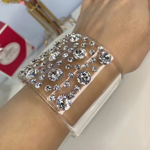 Clear Acrylic Swarovski Crystal Embellished Wide Chunky Cuff Bracelet for Women - Picture 4 of 17